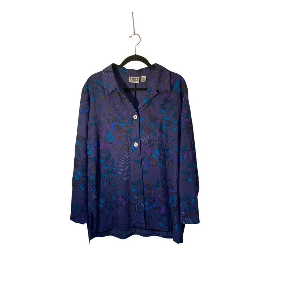 Chicos 100% silk leaf print, embroidered purple & green blouse XL